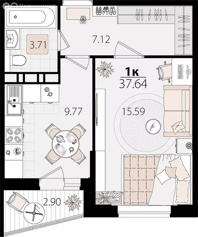 1-комнатная квартира: Яблоновский, Луговая улица, 7/6 (36.95 м) - Фото 0