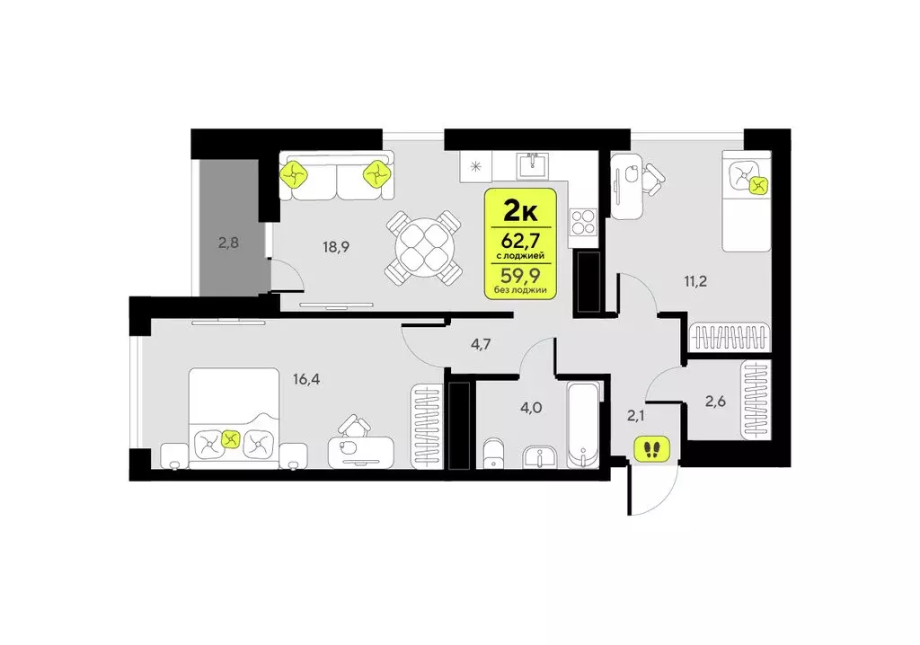 2-комнатная квартира: Тюмень, улица Андрея Приказнова, 1 (62.7 м) - Фото 1
