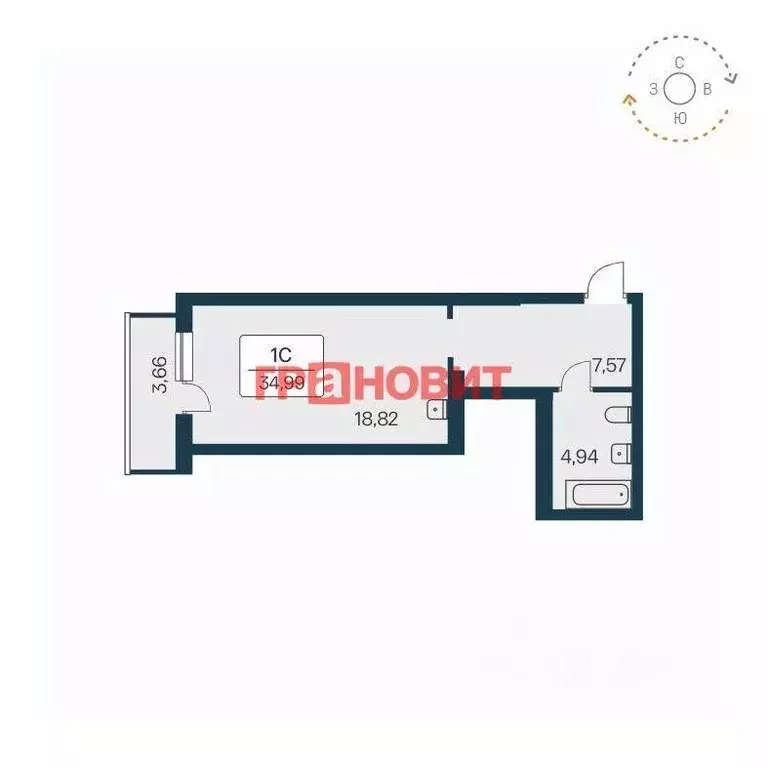 Квартира, 1 комната, 34.99 м - Фото 0