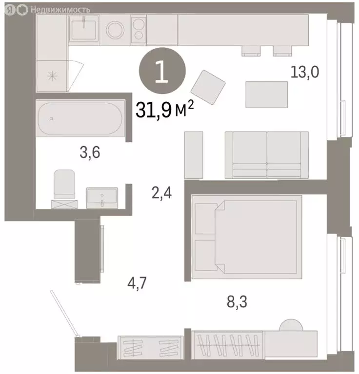 1-комнатная квартира: Тюмень, жилой комплекс Зарека (31.91 м) - Фото 1