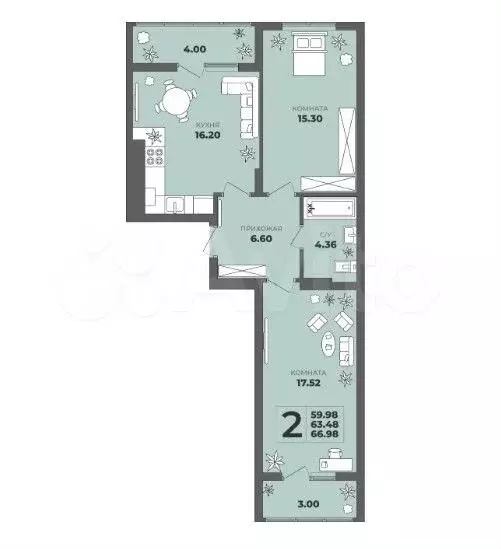 2-к. квартира, 67 м, 7/8 эт. - Фото 1