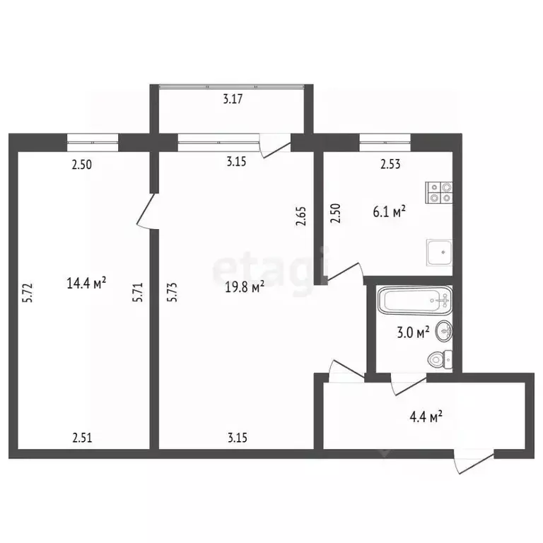 2-к кв. Башкортостан, Стерлитамак ул. Худайбердина, 180 (46.0 м) - Фото 2