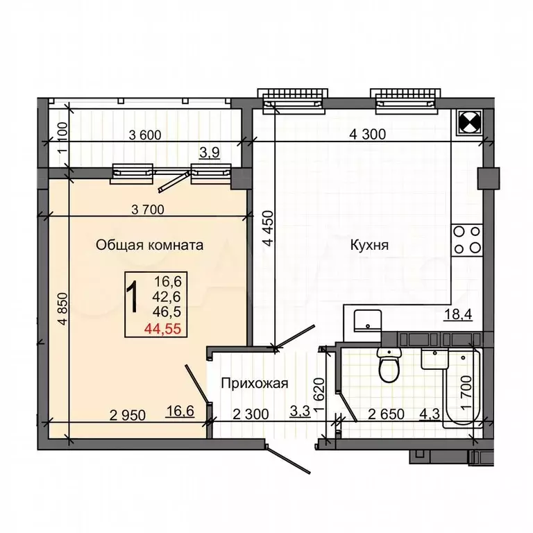1-к. квартира, 45 м, 4/4 эт. - Фото 1