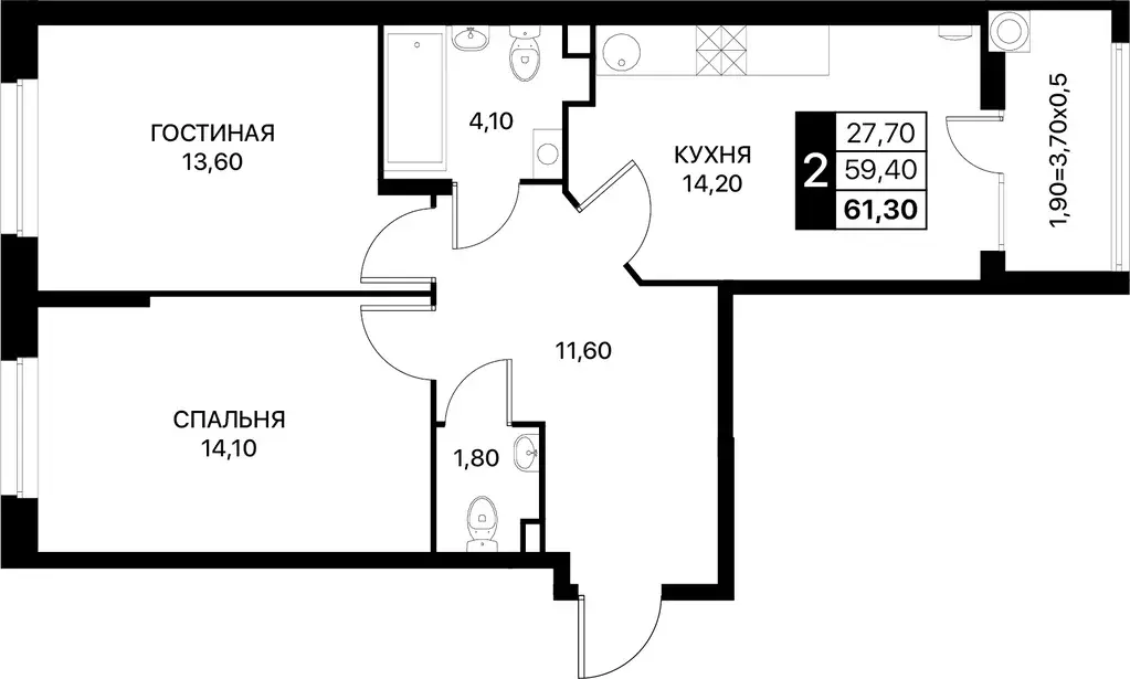 2-к квартира, 61.3 м - Фото 0