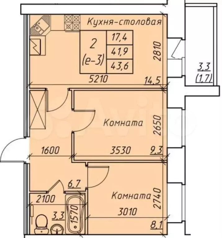 2-к. квартира, 43,6 м, 2/7 эт. - Фото 1