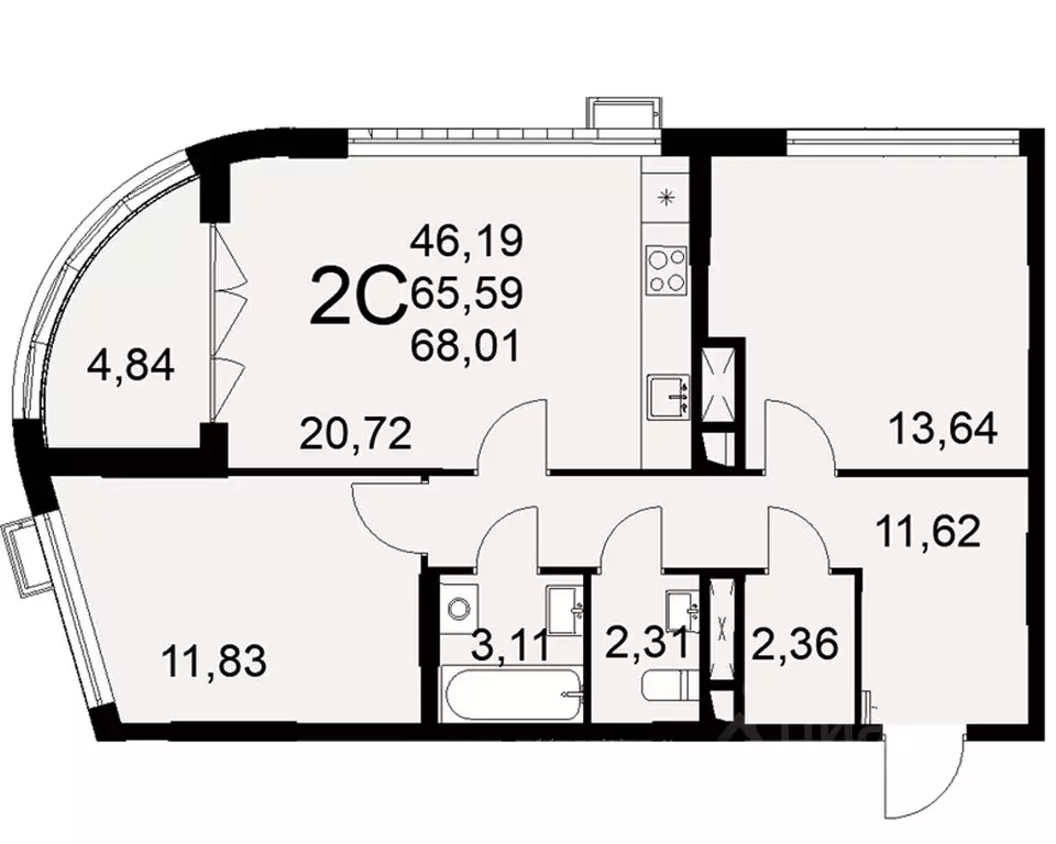 2-к кв. Тульская область, Тула ул. Коминтерна, 44 (68.01 м) - Фото 0
