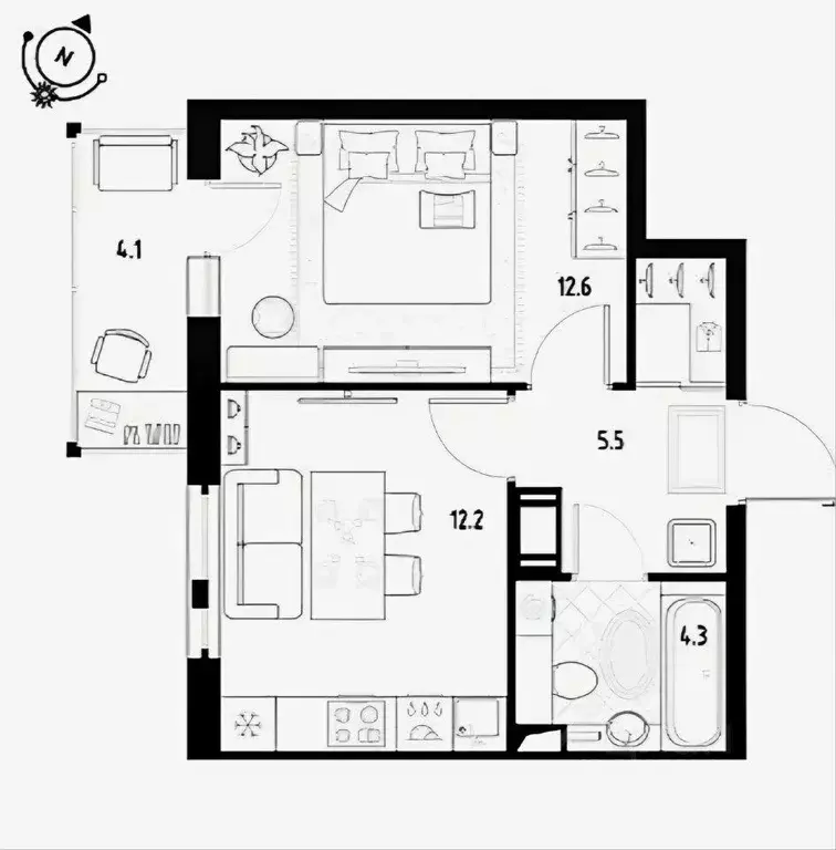 Квартира, 1 комната, 35.79 м - Фото 1