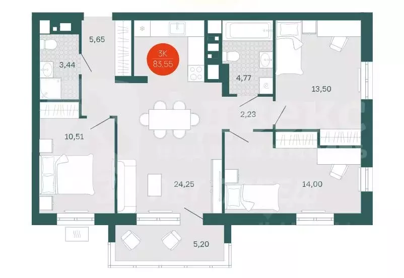 3-к кв. Тюменская область, Тюмень Одесская ул., 7к1 (78.5 м) - Фото 1