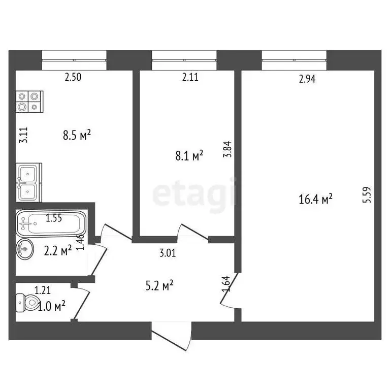 2-комнатная квартира: Альметьевск, проспект Габдуллы Тукая, 61к1 (41.4 ... - Фото 1