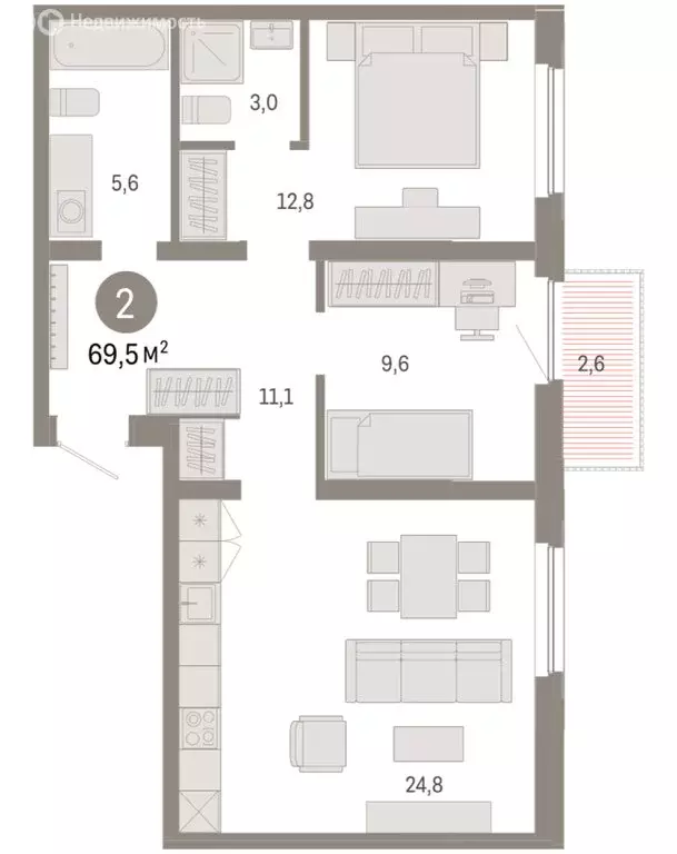2-комнатная квартира: Тюмень, Мысовская улица, 26к2 (69.5 м) - Фото 1