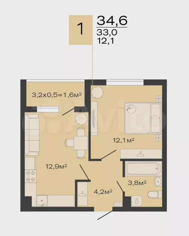 1-к. квартира, 34,6 м, 4/4 эт. - Фото 0