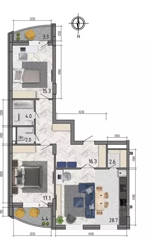 3-к кв. Воронежская область, Воронеж ул. Федора Тютчева, 93/4 (90.2 м) - Фото 1