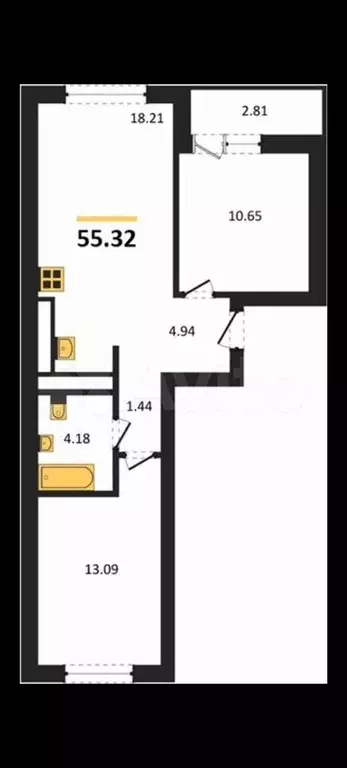 2-к. квартира, 55,3 м, 4/8 эт. - Фото 1
