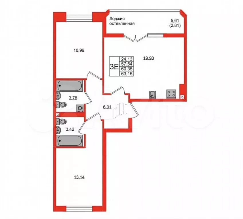2-к. квартира, 60,4 м, 3/9 эт. - Фото 1
