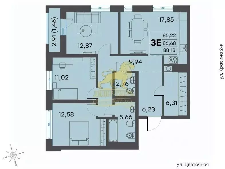 3-к кв. Тверская область, Тверь ул. 2-я Красина, 64 (88.1 м) - Фото 1