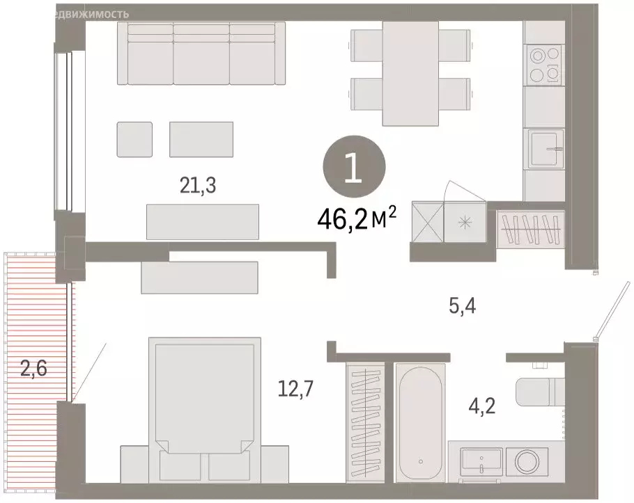 2-комнатная квартира: Тюмень, Краснооктябрьская улица, 4к2 (45.7 м) - Фото 2