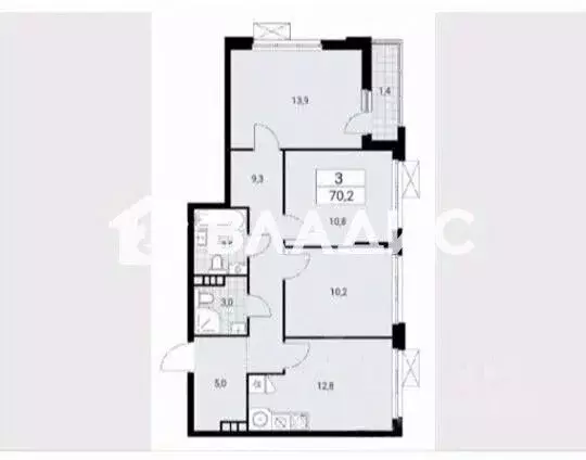 3-к кв. Москва Сосенское поселение, просп. Куприна, 11к1 (70.4 м) - Фото 2