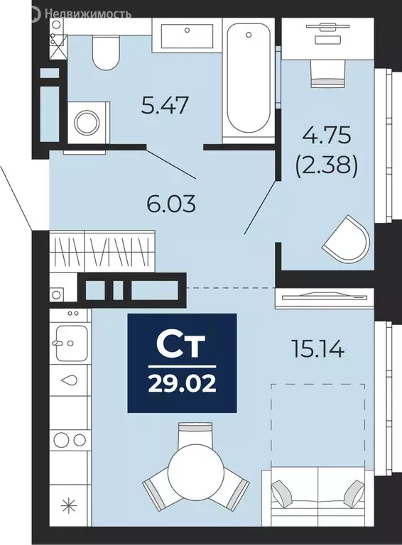 Квартира-студия: Тюмень, Ленинский округ, ЖК Беринг (29.02 м) - Фото 1