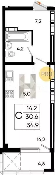 Квартира-студия, 34,9 м, 1/16 эт. - Фото 0