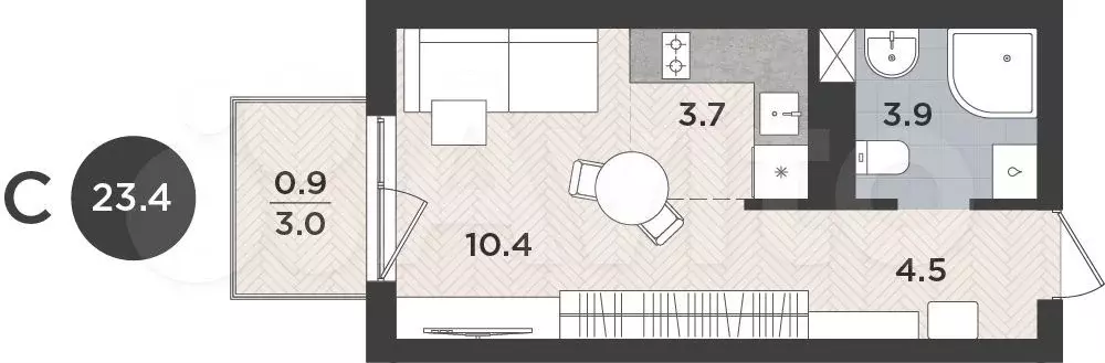 Квартира-студия, 23,4 м, 2/9 эт. - Фото 1