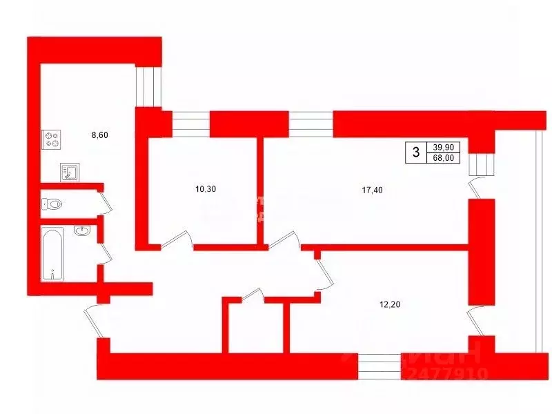 3-к кв. Санкт-Петербург Ириновский просп., 21К1 (68.0 м) - Фото 2