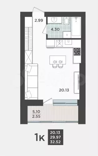 Квартира-студия, 29,9 м, 8/9 эт. - Фото 1
