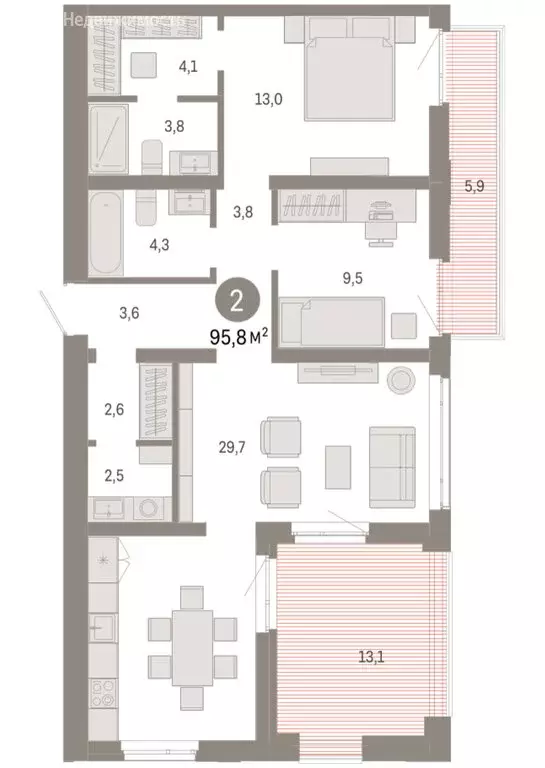 2-комнатная квартира: Тюмень, улица Республики, 205к3 (95.77 м) - Фото 2