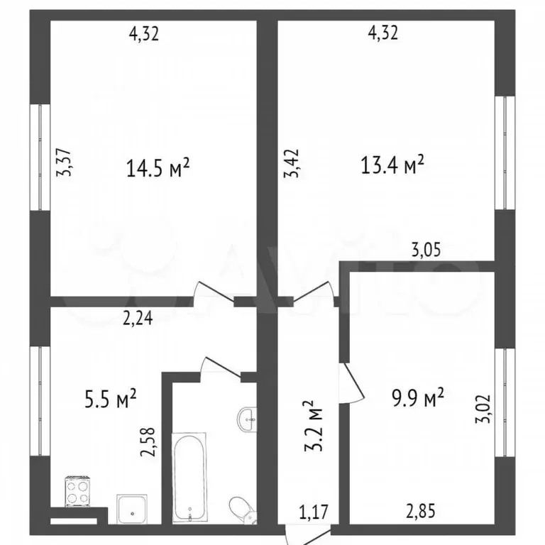 3-к. квартира, 43,1 м, 2/3 эт. - Фото 0