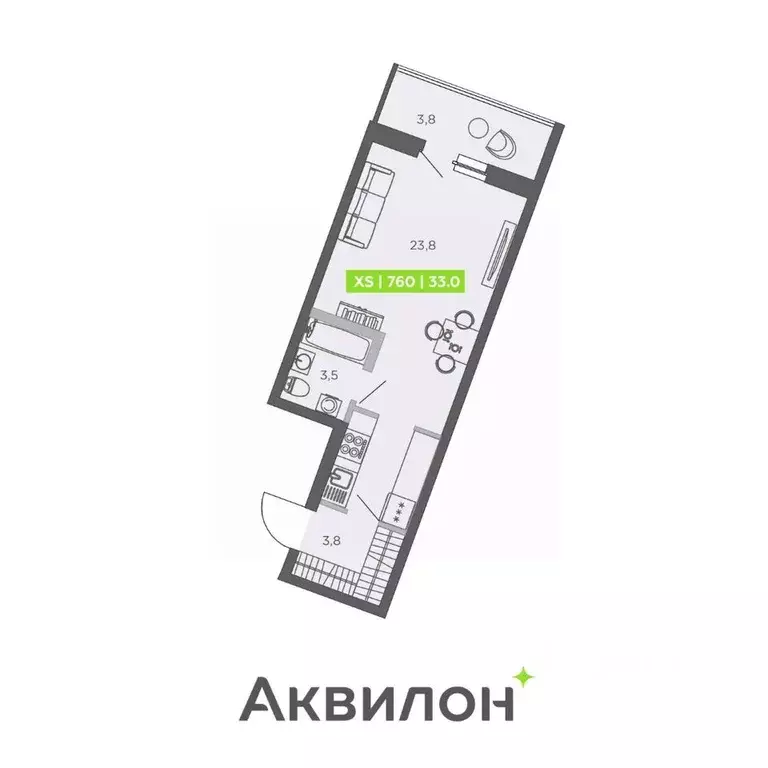 Студия Санкт-Петербург ул. Чирикова, 5 (33.0 м) - Фото 1