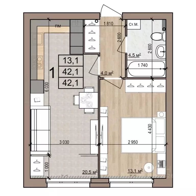 1-к кв. Рязанская область, Рязань ул. Новоселов, 33Б (42.1 м) - Фото 1