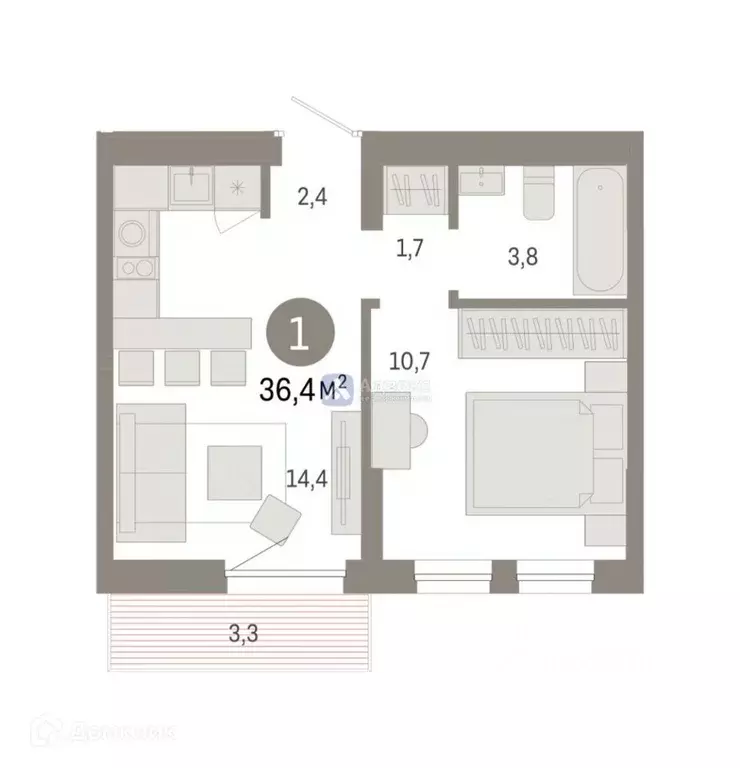 1-к кв. Тюменская область, Тюмень ул. Республики, 205 (36.38 м) - Фото 0