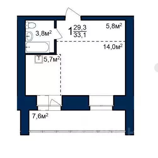 Студия Амурская область, Благовещенск 224-й кв-л,  (33.1 м) - Фото 0