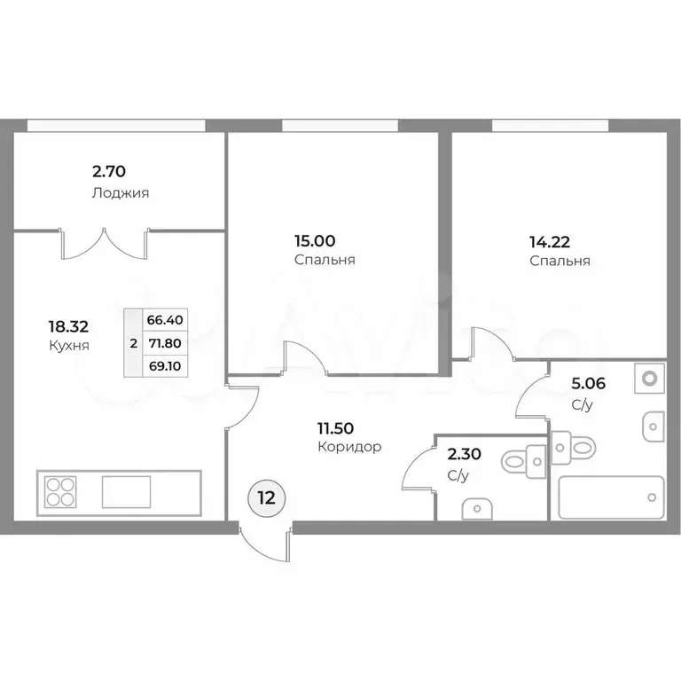 2-к. квартира, 69,1 м, 3/4 эт. - Фото 1