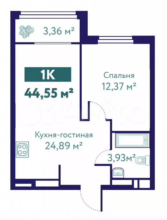 1-к. квартира, 44,6 м, 2/10 эт. - Фото 1