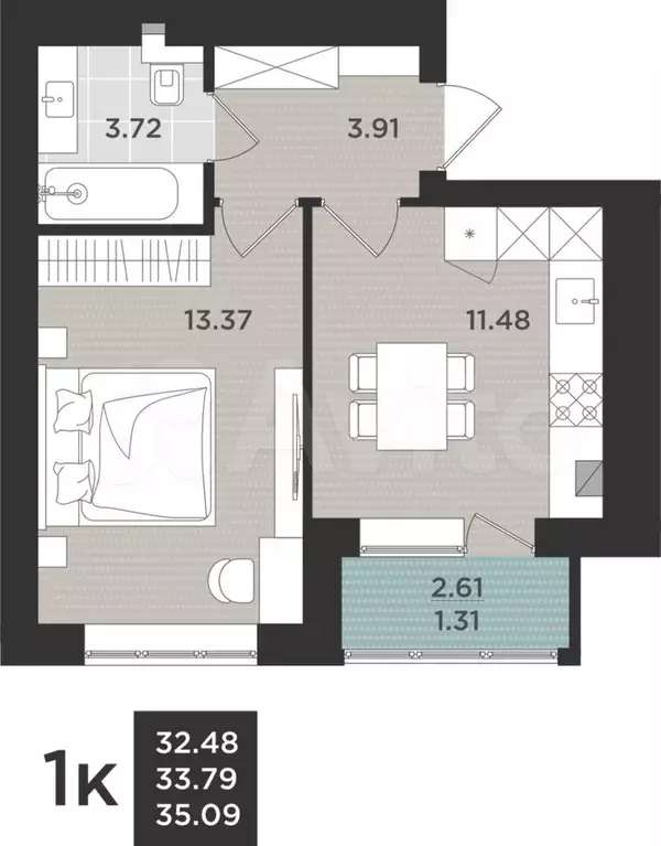 1-к. квартира, 35,1 м, 5/9 эт. - Фото 1