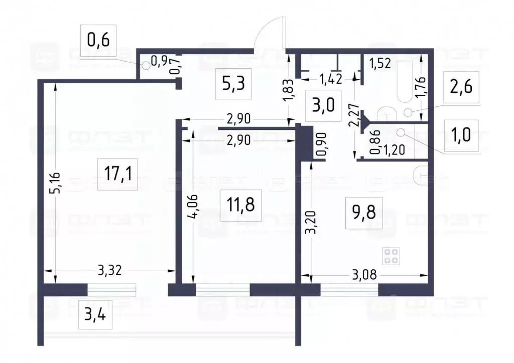 2-к кв. Татарстан, Казань ул. Юлиуса Фучика, 94 (52.0 м) - Фото 2
