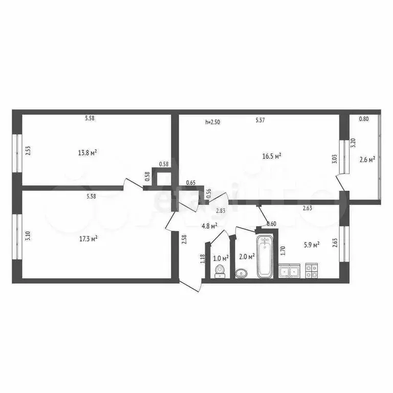 3-к. квартира, 61,7 м, 3/5 эт. - Фото 0