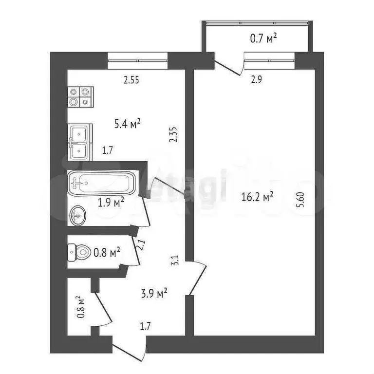 1-к. квартира, 29,4 м, 2/5 эт. - Фото 0