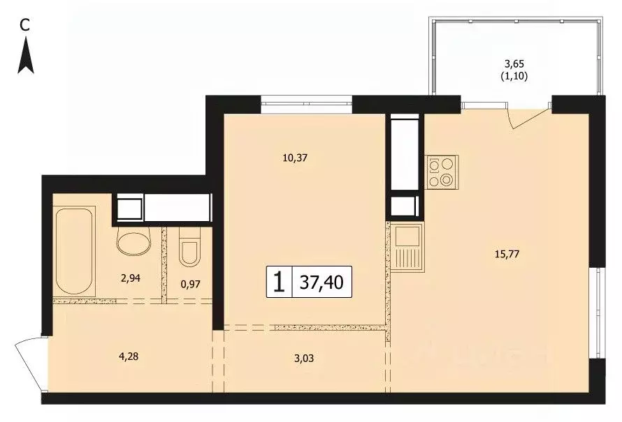 1-к кв. Краснодарский край, Краснодар ул. Автолюбителей, 1Длит4 (37.4 ... - Фото 1