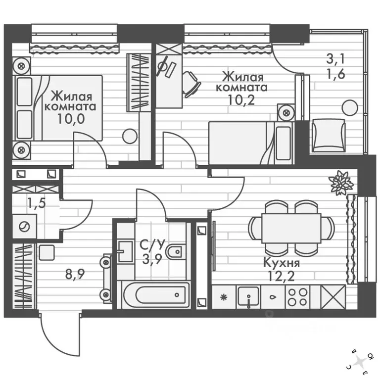 2-к кв. Татарстан, Зеленодольский район, Октябрьское с/пос, пос. ... - Фото 2
