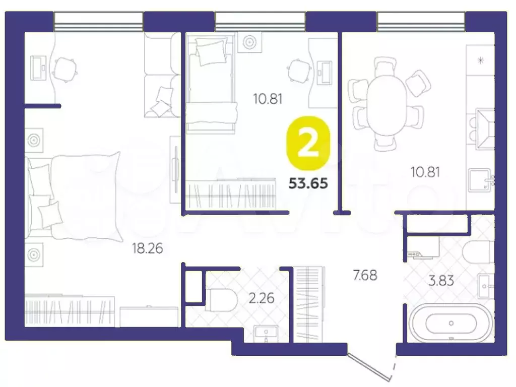 2-к. квартира, 53,7 м, 1/4 эт. - Фото 1