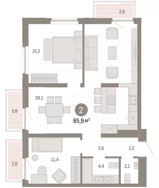 2-комнатная квартира: Тюмень, Мысовская улица, 26к2 (85.89 м) - Фото 1