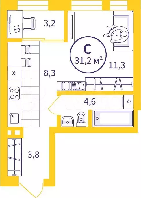 Квартира-студия, 29,6м, 5/32эт. - Фото 0