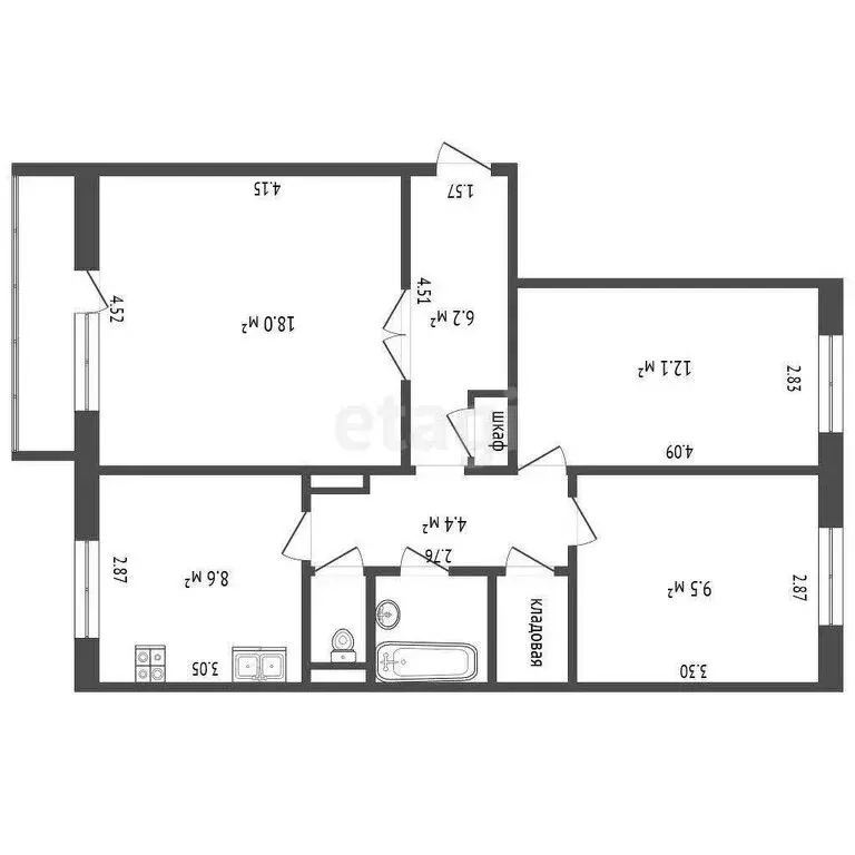 3-комнатная квартира: Тобольск, микрорайон 7А, 7А (64.6 м) - Фото 1