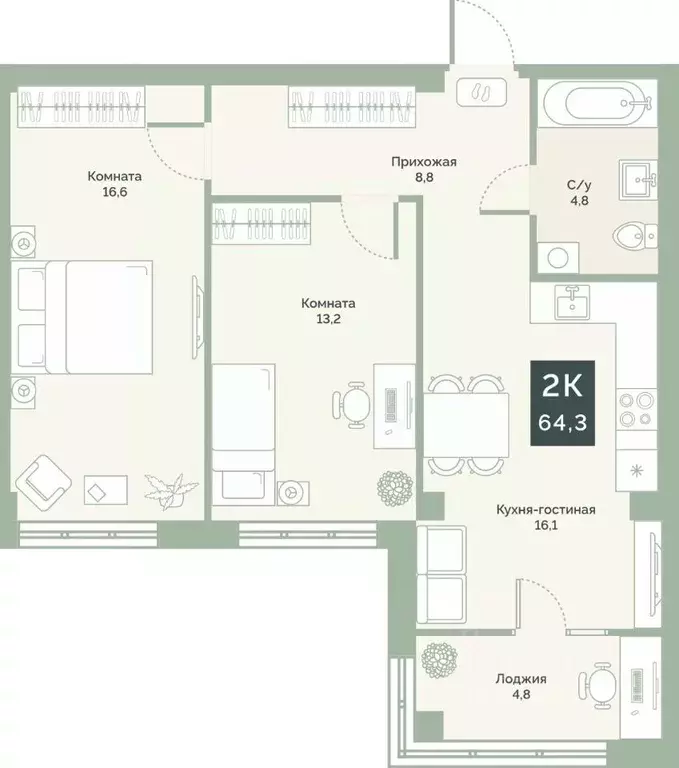 2-к кв. Курганская область, Курган Заозерный жилрайон, 6А мкр, ул. ... - Фото 1