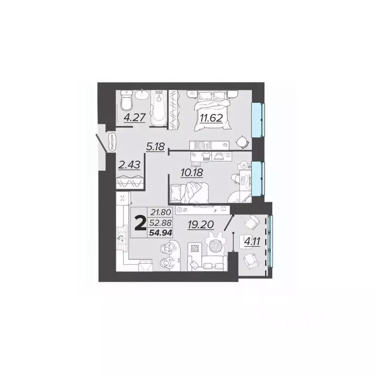 2-к кв. Брянская область, Брянск Архитектор жилой комплекс (54.94 м) - Фото 1