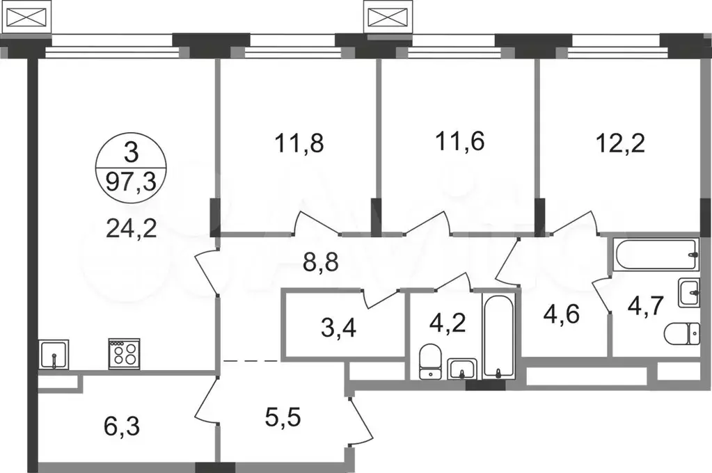 3-к. квартира, 97,3 м, 6/9 эт. - Фото 0