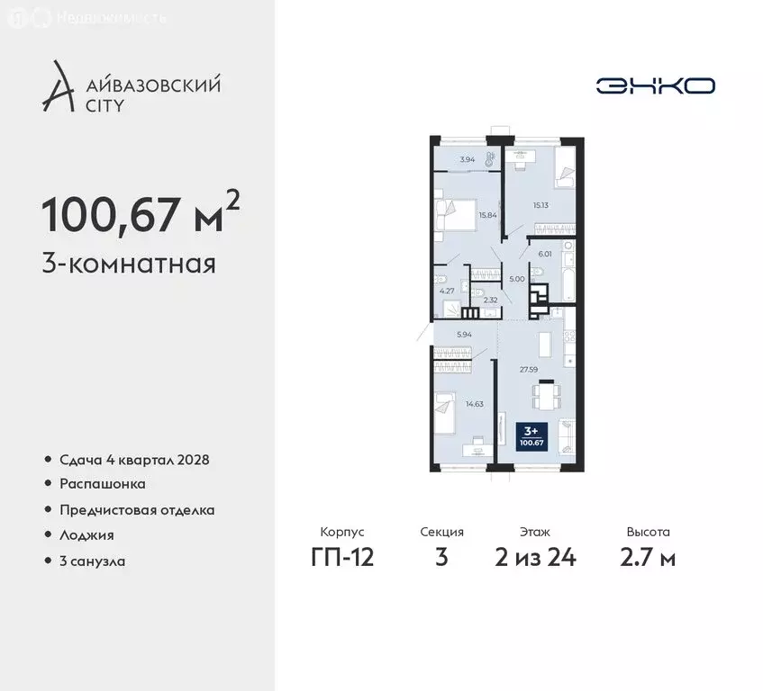 3-комнатная квартира: Тюмень, ЖК Айвазовский Сити (100.67 м) - Фото 1