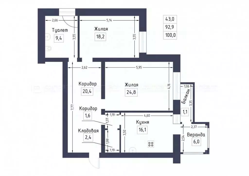2-к кв. Татарстан, Казань ул. Космонавтов, 41 (100.0 м) - Фото 1