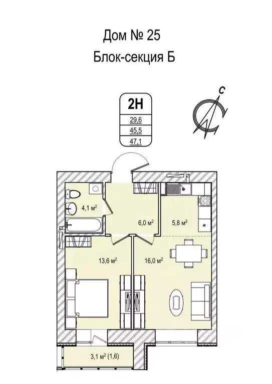 2-к кв. Кемеровская область, Кемерово просп. Восточный, 33 (47.9 м) - Фото 1